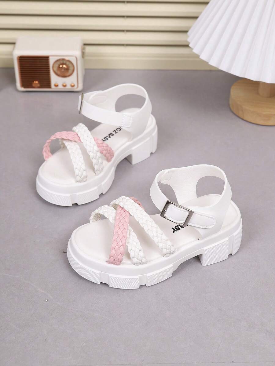 1 Pair Girls' Outdoor Sandals, New Summer Design, Round Toe Woven Criss-Cross Hook And Loop, Fashionable & Elegant, Lightweight & Non-Slip, Girls' High Heel Sandals - Beige - View 1