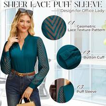 Women Business Casual Tops Sheer Lace Long Sleeve Blouses Work Office Pleated V Neck Shirt Fall Formal Outfits - Peacock Blue - 查看 4