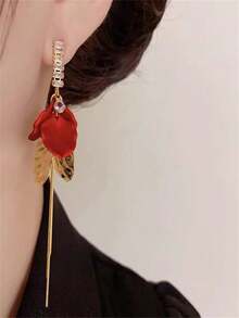 1 Pair European And American Classic Versatile Fashion Metal Red Petal Micro-Inlaid Zirconia Earrings, Stylish New Year Elegant Tassel Flower Earrings For Women - Multicolor - View 2