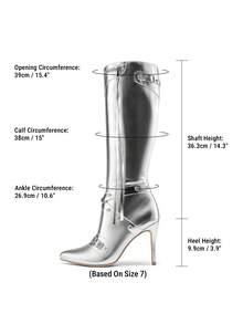 Women Metallic Stiletto Heeled Knee-High Boots, Punk Gothic Thigh High Pointed Toe Motorcycle Sexy Party Prom Christmas Dress Boots With Stud And Zipper Tassel - 銀色 - 查看 4