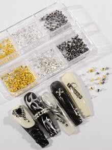 300pcs/Box Punk Metal Cone Nail Art Studs, Cone Shaped Rivets In Black, Gold, Silver, Flat Bottom Spike Nail Decorations, Handcraft Supplies Nails - Multicolor - View 1