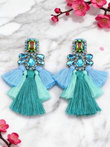 sehuoran 1 对夸张波西米亚风格手工铜合金焊接水钻流苏吊坠耳环，适合女士，混合颜色，品牌设计，婚礼流苏耳环，珠宝礼物，香槟色耳环 - Style 1 - 查看 17