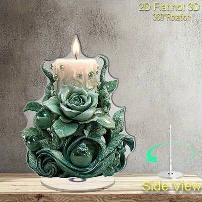 2D Acrylic 360° Rotating Decor - Green Floral, Romantic For Valentine's Day, Wedding, Bedroom, Living Room, Bathroom - Romantic Dinner Ambiance & Thoughtful Gift, Candle Holder Decor, Bedroom Upgrade, Elegant Curvy Lines, Glossy Finish
