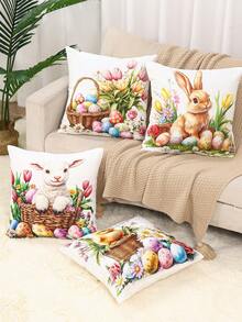 4件套复活节枕套，复活节快乐抱枕套，饰有兔子、彩蛋、小鸡和绵羊图案，45*45厘米桃皮绒面料，抱枕套，复活节家居装饰，复活节派对装饰，卧室配件，办公椅用品，春季装饰，复活节彩蛋寻宝派对礼品，房间装饰，复活节礼物，春季派对礼品 - 彩色 - 查看 3