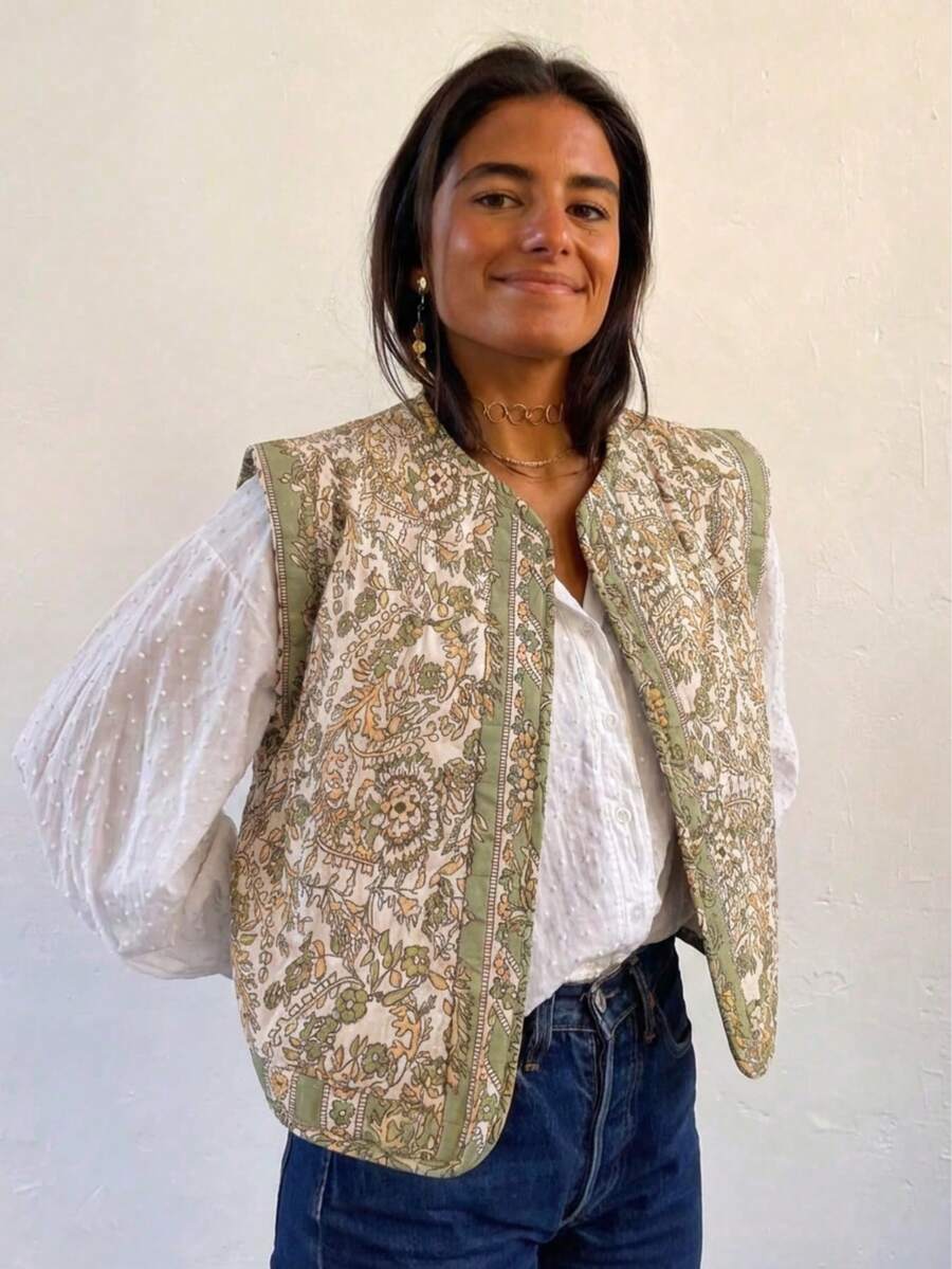 GMFP Women's Casual Elegant Fashion Printed Quilted Sleeveless Cardigan Vest, Vacation Style, Suitable For New Year/Valentine's Day - Green - View 1