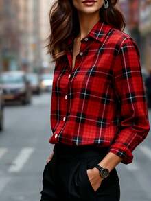 女士格子长袖衬衫领上衣，红白格纹，常规版型，无弹力涤纶面料 - 紅色 - 查看 4