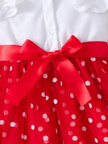 Girls Sleeveless Dress, Red & White Color Block Frill Trim Shirt Collar Mesh Skirt Cute Princess Dress, Summer - Red - View 5