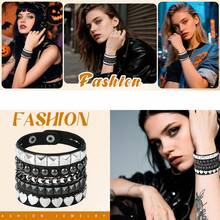 一套朋克摇滚铆钉骷髅星形手链，尖刺铆钉带手链，PU皮革手镯，机车链条手链，男女通用，80年代90年代腕带链条手链，黑色哥特蒸汽朋克风格，可调节，男女皆宜的时尚复古配饰，万圣节派对礼物