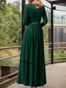 女士长款丝绒连衣裙，优雅正式礼服，简约修身长裙。适合派对和社交活动，秋冬春季皆宜。 - 綠色 - 查看 4