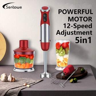 ปลั๊ก EU 5-In-1 เครื่องปั่นทรงพลัง 12 Speeds Settimg, อุปกรณ์เสริมในครัว เชื่อมต่อง่ายด้วยอุปกรณ์เสริม ห่วงแขวนสำหรับติดตั้ง เครื่องปั่นสแตนเลสสตีลพร้อมโหมดเทอร์โบ, บีกเกอร์ 600 มล., ที่ทำฟองนม, ที่ตีไข่สำหรับอาหารบด