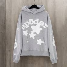 Women's Sp5der Hoodie, 2 Pcs Foam Letter 555 Graphic Print Pullover Coat, 400g 100% Acrylic Wool-Like Fabric Streetwear - Xám - Xem 5