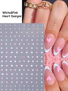 4张情人节主题美甲贴纸，白色、粉色、酒红色和闪光红色爱心图案，轻松DIY美甲装饰，女士及女孩美甲配件 - 彩色 - 查看 3