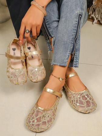 1 Pair Girls' Hollow Mesh Fishscale Embroidered Flat Ballet Shoes, Mary Jane Style, Elegant & Fashionable, Soft & Breathable, Classic Round Toe, Suitable For Toddlers, Elementary & Middle School Students, Outdoor, Vacation, Holidays, Matching Mother-Daughter Styles, All Seasons