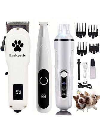 3 件套宠物电动毛发修剪器套装：强力低噪音充电式宠物毛发修剪器、爪子磨床、指甲磨床 - 宠物美容工具套装