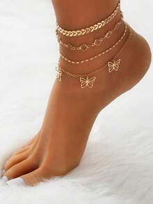 4pcs Butterfly Charm Anklet Copper Jewelry - Yellow Gold - View 6