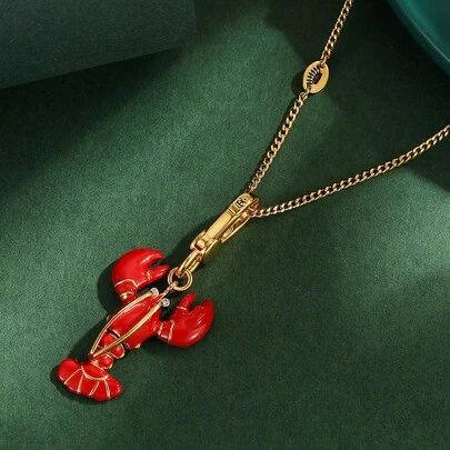 1pc Elegant & Cute Enamel Red Lobster Pendant Necklace, Hand-Painted Animal Charm Keychain, Suitable For Women's Daily Wear