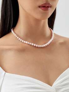 1pc 18K Gold Plated Natural Pearl Pink Necklace, Gift For Mother's Day, Valentine's Day, Wedding, Bride, Birthday - Pink - View 2