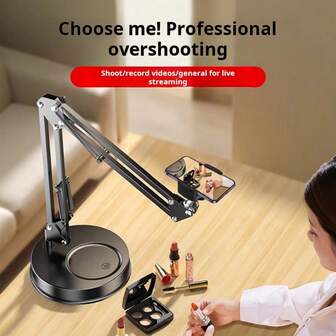Soporte de escritorio para teléfono y tableta, brazo ajustable con base con peso y portavasos para transmisión en vivo, grabación de video y maratón de visualización
