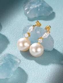 2pcs Pearl 925 Sterling Silver Earring Women Classic Drop Earring Thread Piercing For Daily Wear Daily Wear Wedding Party Engagement Fine Jewelry - Gold - View 6