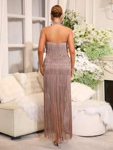 Nuevo vestido largo elegante y sexy con cuello colgante de flecos y lentejuelas, vestido formal para mujeres, invitadas de boda, fiestas navideñas y de vacaciones