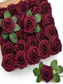 10/15/25/30pcs Artificial Rose Flowers Without Leaves, Fake Rosebuds Decoration, Foam Roses Bulk With Stems, For DIY Wedding Bouquet, Floral Arrangement, Bridal Shower, Party, Home Decor - Burgundy - View 10