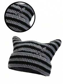 1pc Unisex Hand Knitted Cute Striped Cat Ear Beanie Hat, Autumn Winter Warm Ear Protective Handmade Striped Ski Mask Street Fashion Hip-Hop Couple Headwear - Multicolor - View 58