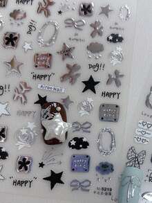 1片金属美甲贴纸，DIY手工美甲贴花，图案包括星星、月亮、苹果、五角星、涂鸦、可爱猫咪，甜辣Y2K风格美甲 - 灰色 - 查看 1