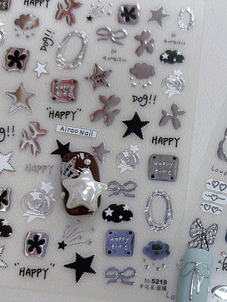 1片金属美甲贴纸，DIY手工美甲贴花，图案包括星星、月亮、苹果、五角星、涂鸦、可爱猫咪，甜辣Y2K风格美甲 - 灰色 - 查看 1
