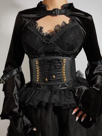 1 pieza Cinturón de mujer casual para la cintura, estilo gótico negro con remaches de bronce, cordones y flecos