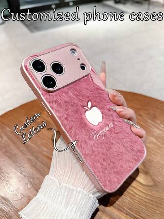 1pc Customized Name, Pink Plush Minimalist Apple Design Creative Accessory Compatible With Samsung S24 Ultra/S25 Ultra And Apple 17 Pro Max/16 Pro Max/15 Pro/14 Plus/13 Pro/12 Pro Max/11/Xs Max/8/7/6 Plus Phones, Suitable As Birthday Gift, For Girlfriend/Boyfriend Or Personal Use