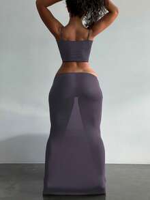 Plus Size Women 2-Piece Set, Casual & Loungewear, Soft Stretchy Knit Fabric, Lace Trim Camisole Top & Floor-Length Skirt, Cozy Christmas Vibe, Valentine's Date Night Outfit - Rusty Rose - View 2