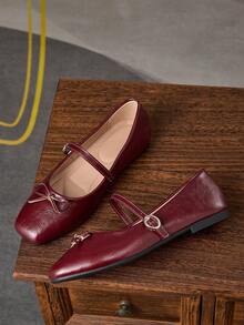 女士时尚方头休闲一脚蹬酒红色平底鞋，户外休闲高端风格平底鞋，适合春夏穿着；女士蝴蝶结玛丽珍芭蕾舞鞋，适合夏季穿着 - 酒紅色 - 查看 3