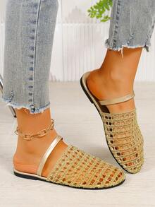 女士轻便编织网面平底凉鞋，露趾踝带沙滩度假休闲拖鞋 - 鎏金色 - 查看 2