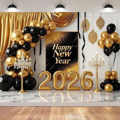 2D平面2026新年快乐派对庆祝背景墙横幅装饰2D悬挂布海报，1套/1件