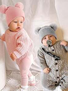 1/2/3pcs Kids Winter Hat Toddler Knitted Beanie With Faux Fur Pom Poms For Baby Girls Boys - Double Wool Ball Hat - View 9