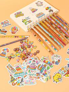 40/80件生日主题派对礼品套装，可爱有趣的生日铅笔、橡皮和贴纸套装，适合作为课堂奖励礼物、生日回礼、教室办公用品、派对礼品袋填充物，是送给朋友和家人的完美生日礼物。 - 彩色 - 查看 1
