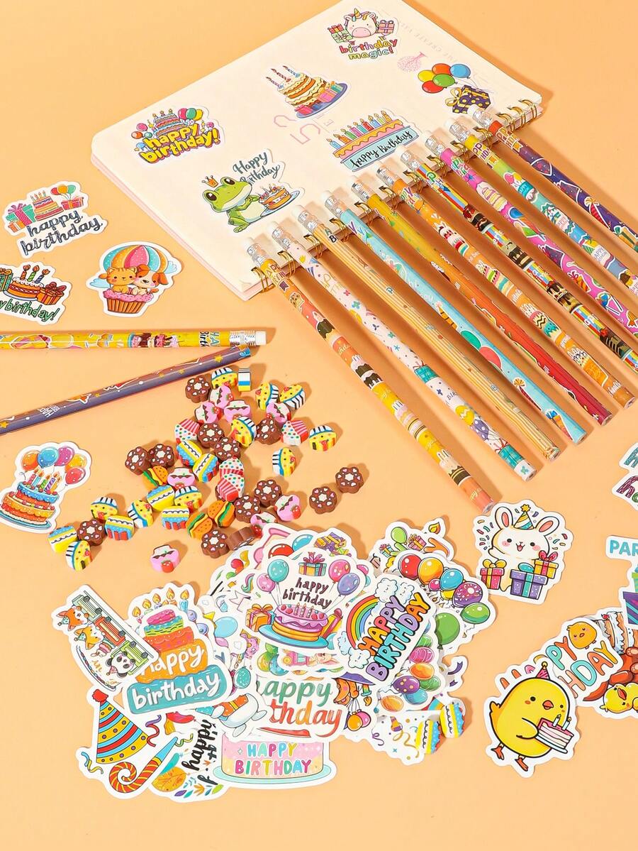 40/80件生日主题派对礼品套装，可爱有趣的生日铅笔、橡皮和贴纸套装，适合作为课堂奖励礼物、生日回礼、教室办公用品、派对礼品袋填充物，是送给朋友和家人的完美生日礼物。 - 彩色 - 查看 1