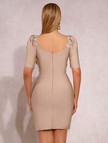 New Women's Shiny Handmade Rhinestone Bandage Square Neck Gigot Sleeve High Waist Cutout Slimming Ruffle Hem Mini Party Prom Dress - Apricot - View 5