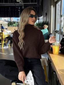 Áo len cổ cao màu trơn mỏng nhẹ tối giản dành cho nữ của FOR BEAUTY, kiểu dáng ôm sát thời trang, thanh lịch, tay dài bo gân, chất liệu dệt kim ấm áp, phù hợp cho mặc hàng ngày, đi làm, dịp năm mới. - cà phê đen - Xem 2