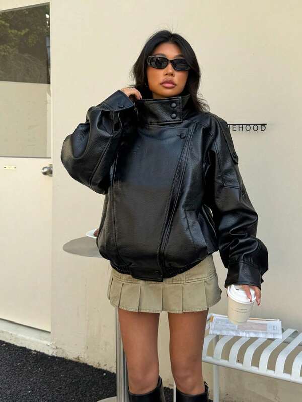 جاكيت جلدية مزخرفة متعددة الاستخدامات بطراز أوروبي وأمريكي، موضة نسائية جديدة للخريف/الشتاء بتصميم بسيط