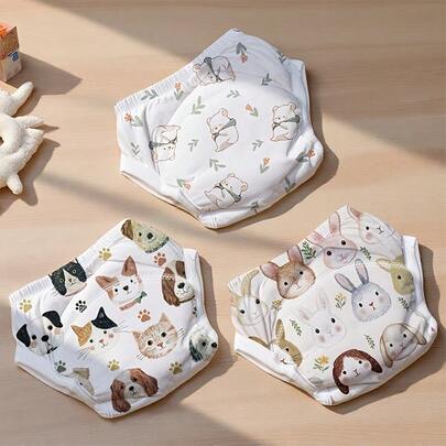 3pcs Reusable Baby Training Pants - Cute Printed Pattern, Leak-Proof, Washable Diaper Pants, Elastic Waistband, Suitable For All Seasons, Baby Underwear, Lively Toddler Clothing, Comfortable Fit Diaper Pants, Baby Learning Diaper Pants, Suitable For Baby Boys And Girls