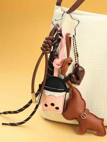 时尚心形法国斗牛犬钥匙扣，精致迷你狗狗包包挂饰，情侣钥匙扣，复古钥匙扣，星形弹簧扣设计，仿皮奶茶杯挂饰，适用于钥匙、包包和装饰品 - 彩色 - 查看 6