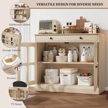 Gabinetes de buffet de aparador de 35,4 pulgadas con almacenamiento, Gabinete de buffet con puerta de vidrio, Gabinete de aparador con cajón, Buffetes modernos y aparadores para comedor, cocina, roble - Marrón - Ver 8