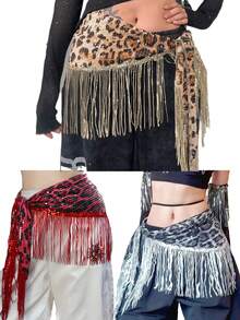 Sexy Leopard Print Sequined Hip Scarf Waist Chain | Jazz Dance Hip-Hop Tassel Hip Curtain Waistband | Adjustable Belt Accessories - Multicolor - View 1