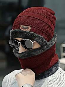 男士冬季帽子围巾两件套 - 时尚黑色针织帽带保暖内衬 - 彩色 - 查看 5