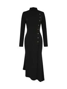 1 chiếc váy Maxi ôm sát tay dài cổ đứng dành cho nữ, thích hợp mặc đi làm, đi chơi, đi tiệc, đi dự tiệc, đi chơi mùa thu - màu đen - Xem 2