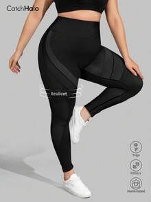 Plus Size High Waist Solid Black Seamless Leggings, Suitable For Running, Yoga, Fitness, And Casual Wear In Autumn/Winter - Black - View 3