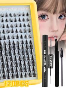 Christmas Gift New 120pcs/12 Pairs Cartoon Style False Eyelashes, Natural Makeup Effect, Fairy-Like Lashes, Suitable For Beginners, Individual Lashes, D-Curl Curly Lashes, Large Capacity Set, Beginner-Friendly False Eyelashes Tutorial, Thick & Fluffy DIY Segmented False Eyelash Extension Kit, Includes Glue, Sealer And Tweezers. - Black - View 16