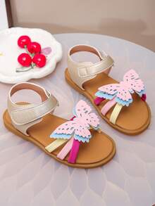 女童荷叶边蝴蝶凉鞋 - 舒适露趾平底夏季鞋