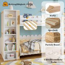 Children's Bunk Bed With Safety Rail And Fall Protection, 4-Step Ladder, 6 Open Shelves, Side Wardrobe, Ample Storage, Pine And Solid Wood, White And Natural, 90 X 200 Cm - Black - View 10